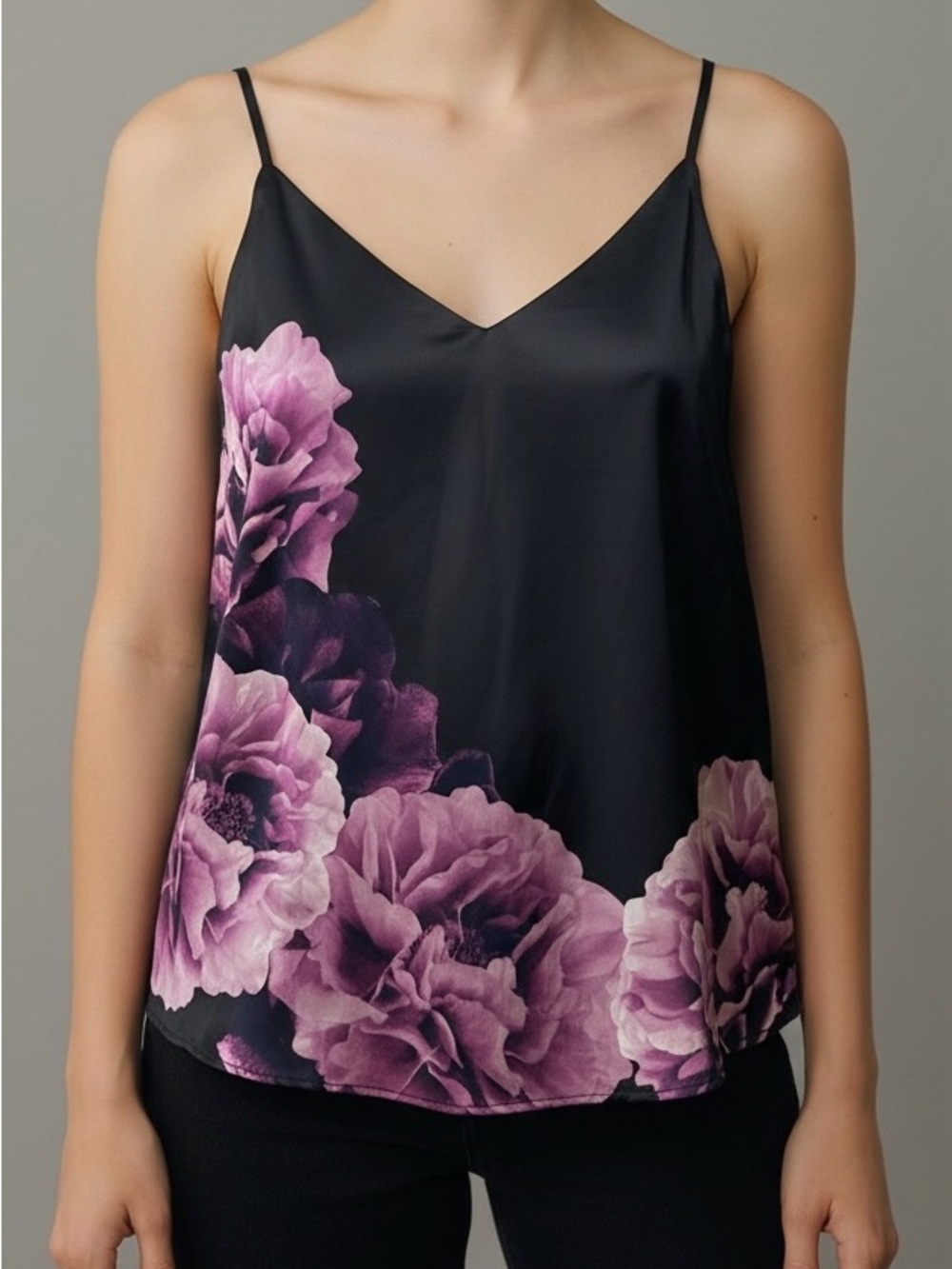 Calvin Klein Black Purple Bloom Print Camisole Layering Whimsigoth Boho sz L NWT